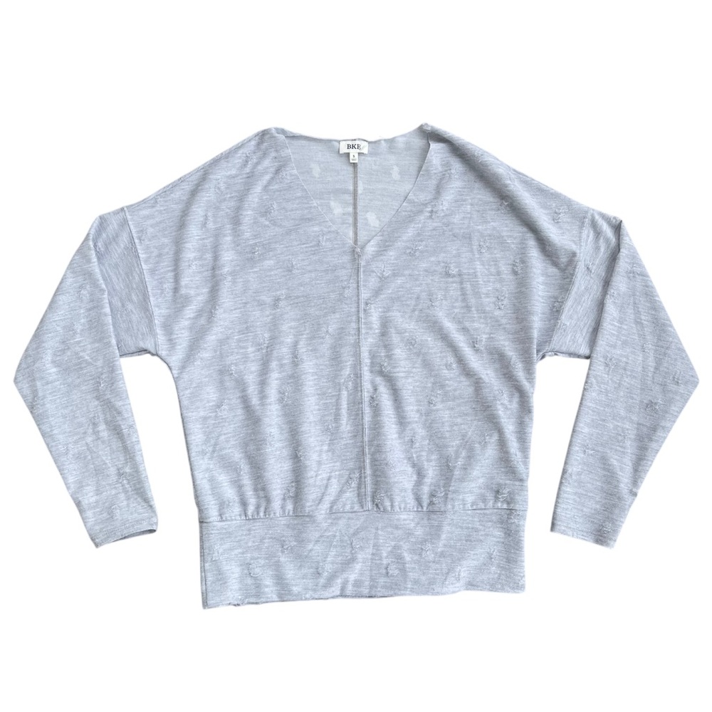 BKE Women’s Grey V Neck Loose Fit Long Sleeve Shirt